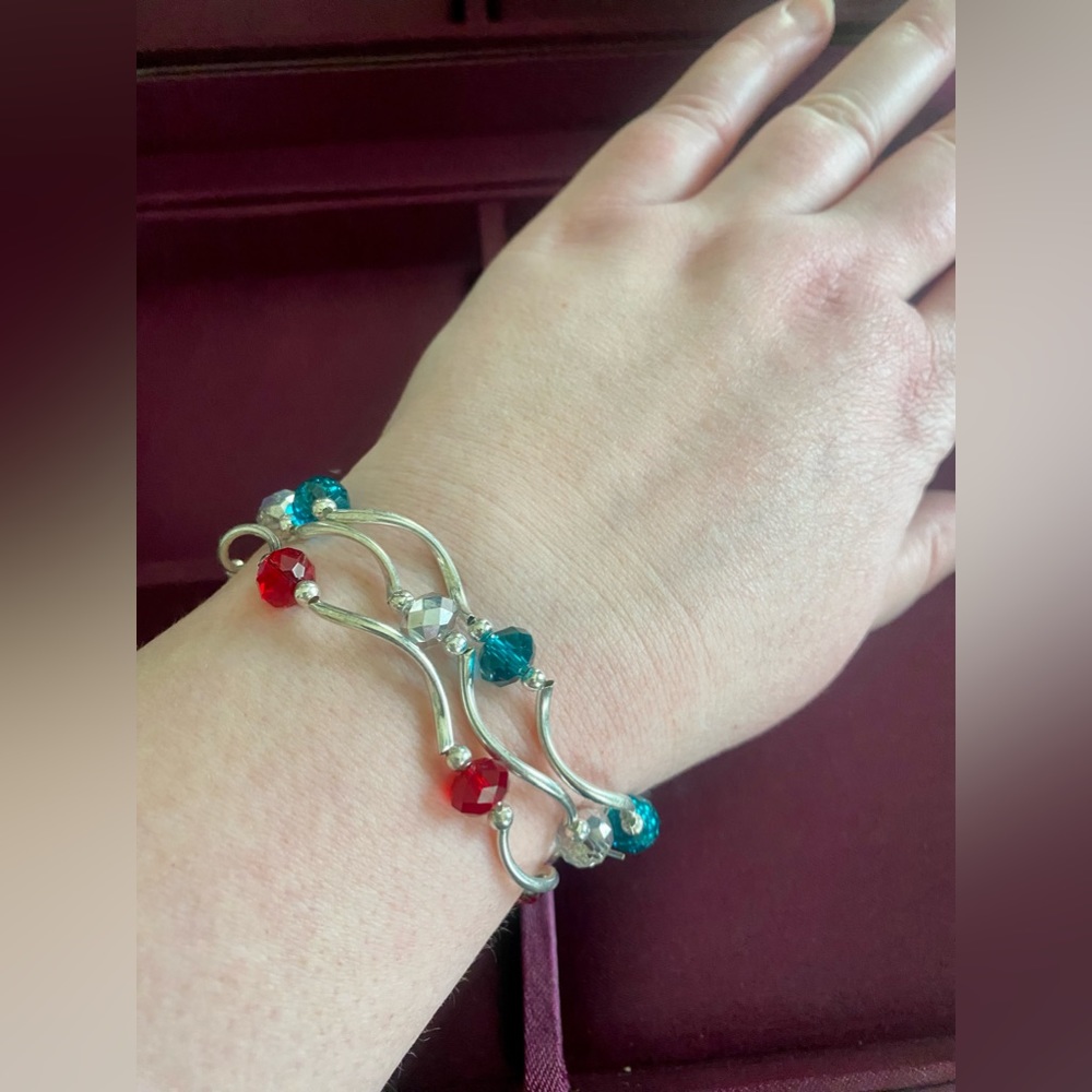 Garnet, Peacock, And Clear Bead Silver Bracelet Trio